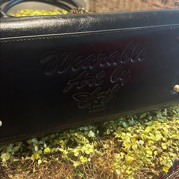 Sharif Wearable Art Pink Floral & Gear Design Leather Satchel 15”x 11”x 4” NWOT - Picture 8 of 8